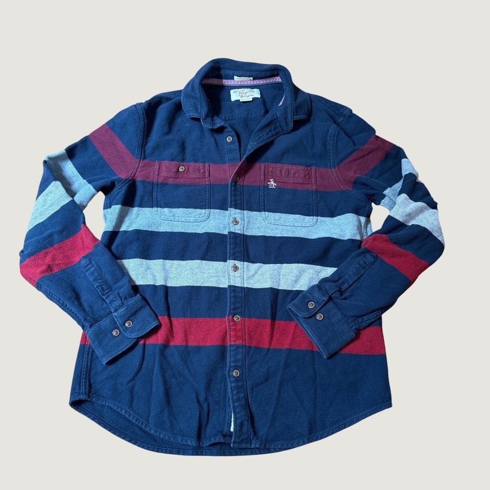 Original Penguin Flannel Shirt Mens Blue Striped Heritage Slim Fit SIZE L
